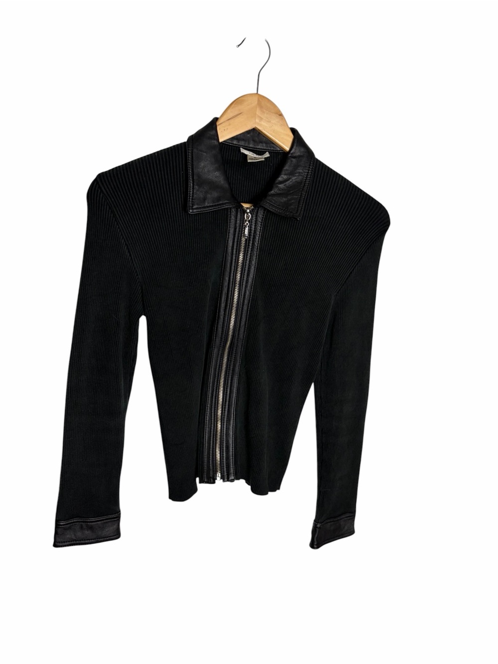 Vintage Y2K Cache black ribbed leather trim silk zip front Bikercore blouse M